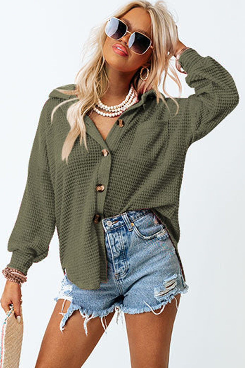 Green Pocket Buttons Front Waffle Knit Top