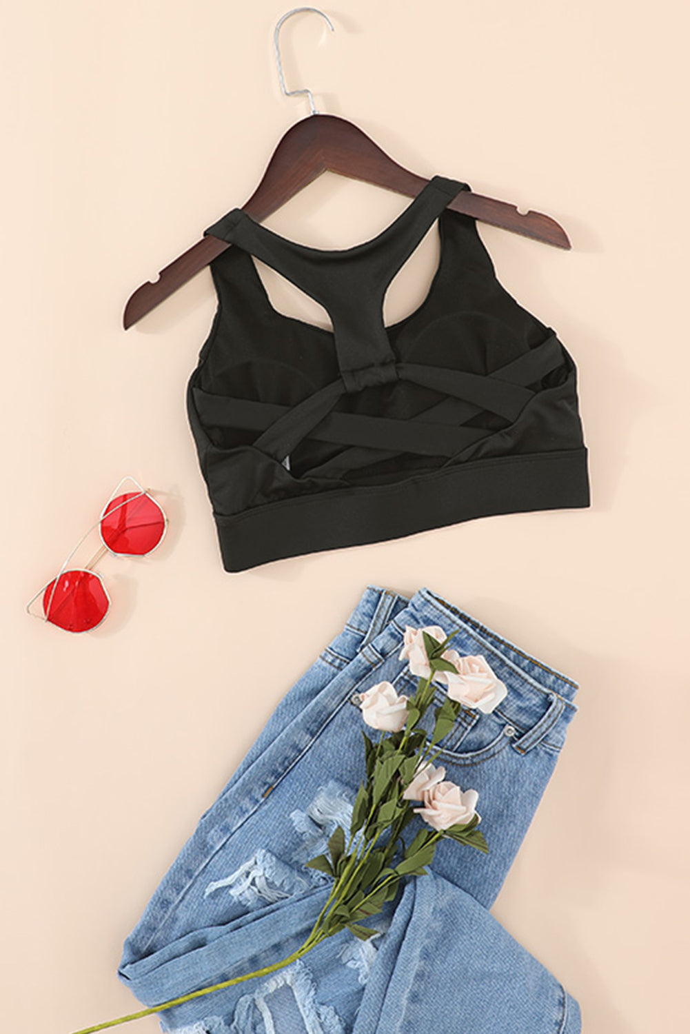 Black Athletic Push Up Cut Out Wireless Sports Bra