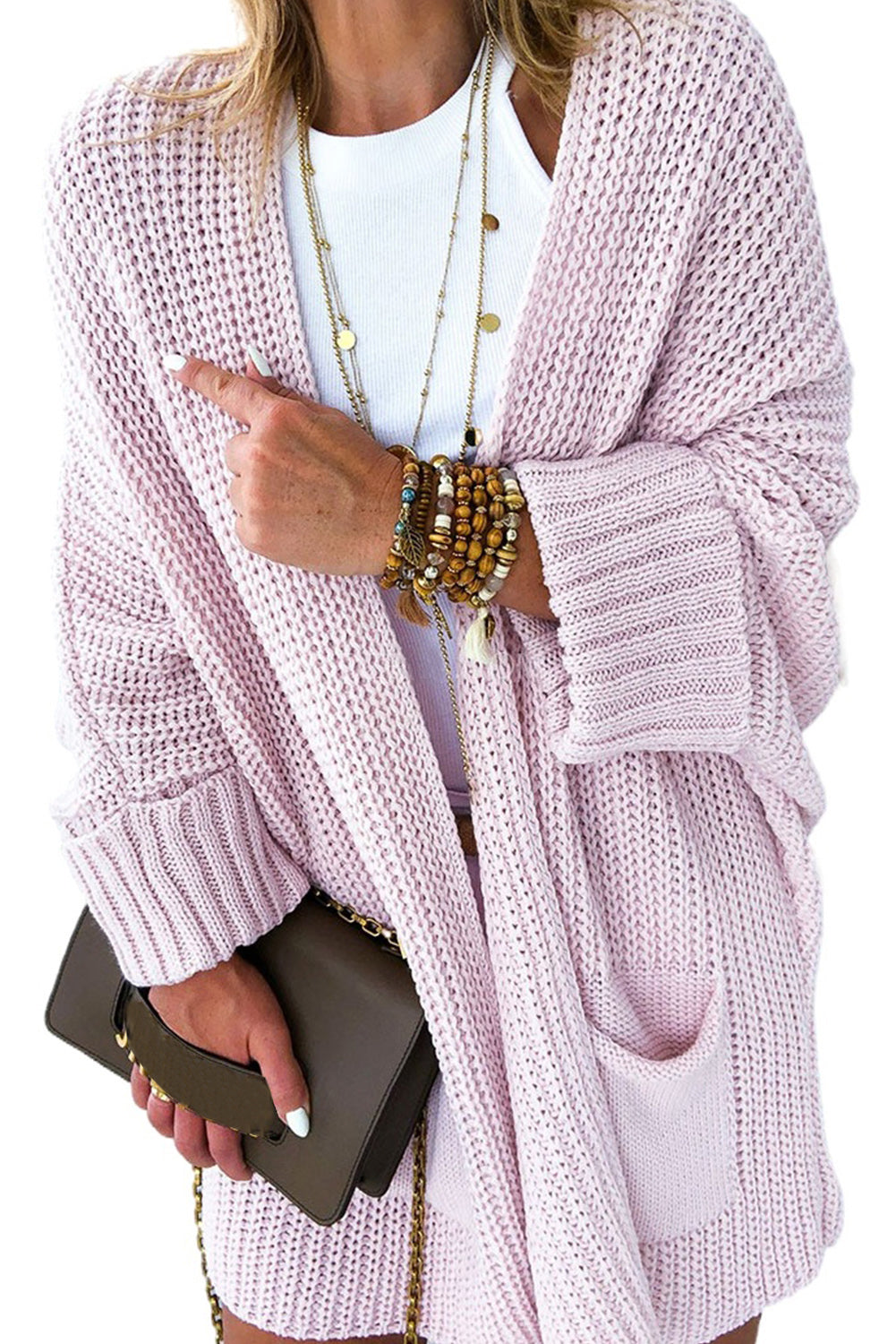 Pink Batwing Sleeve Pocket Oversized Cable Knit Cardigan