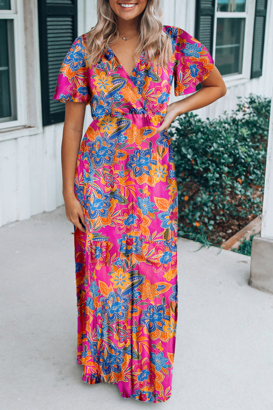 Wholesale Rose Boho Abstract Print V Neck Short Sleeve Maxi Wrap Dress