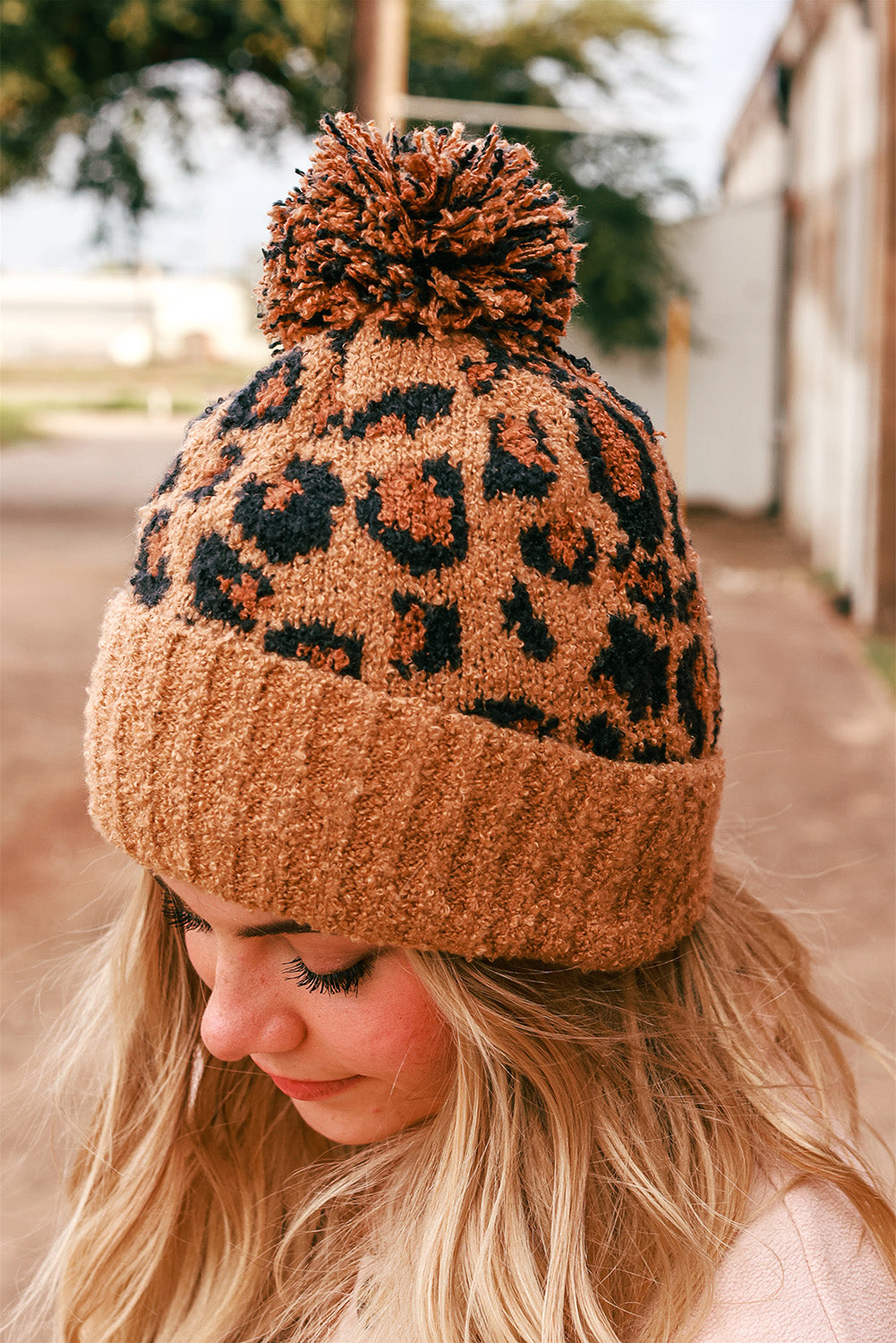 Leopard Print Pom Jacquard Plush Hat