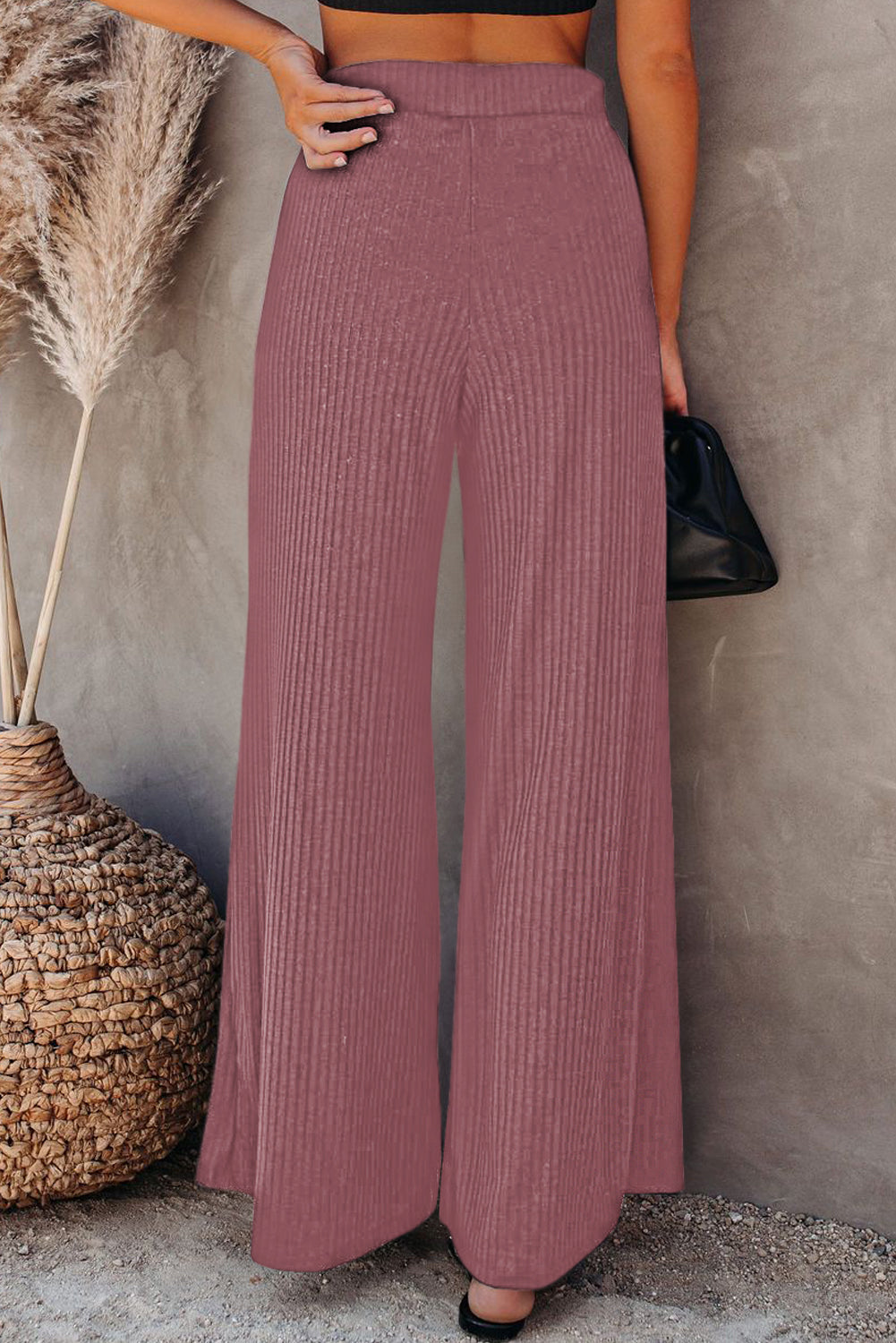 Casual Ribbed Knit High Rise Wide Leg Pants