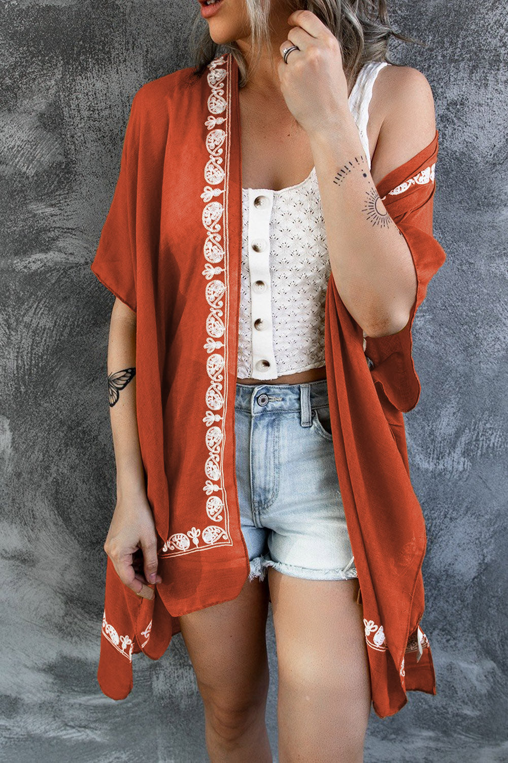 Bohemian Floral Pattern Embroidery Kimono Cover Up