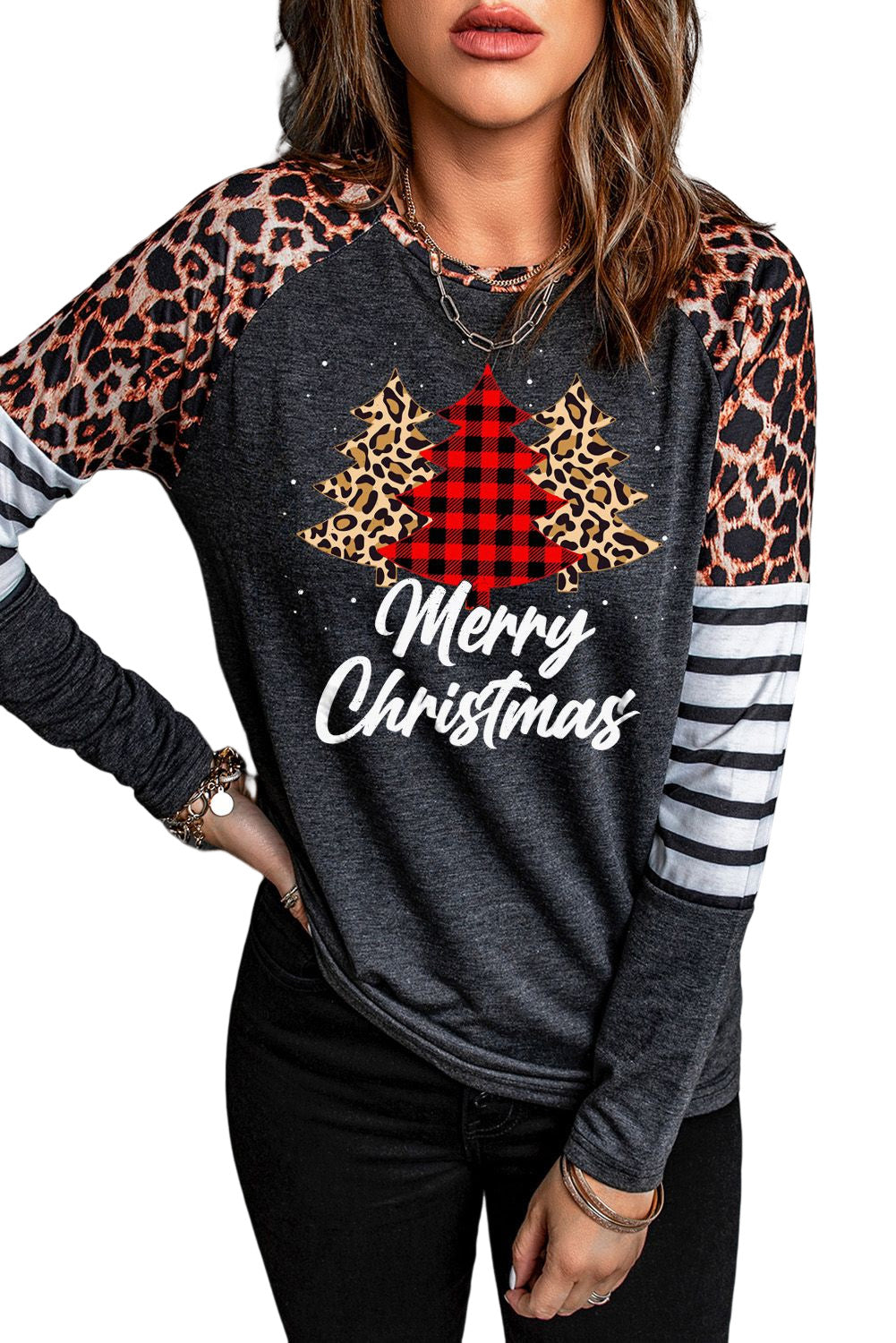 Merry Christmas Tree Leopard Striped Graphic Top