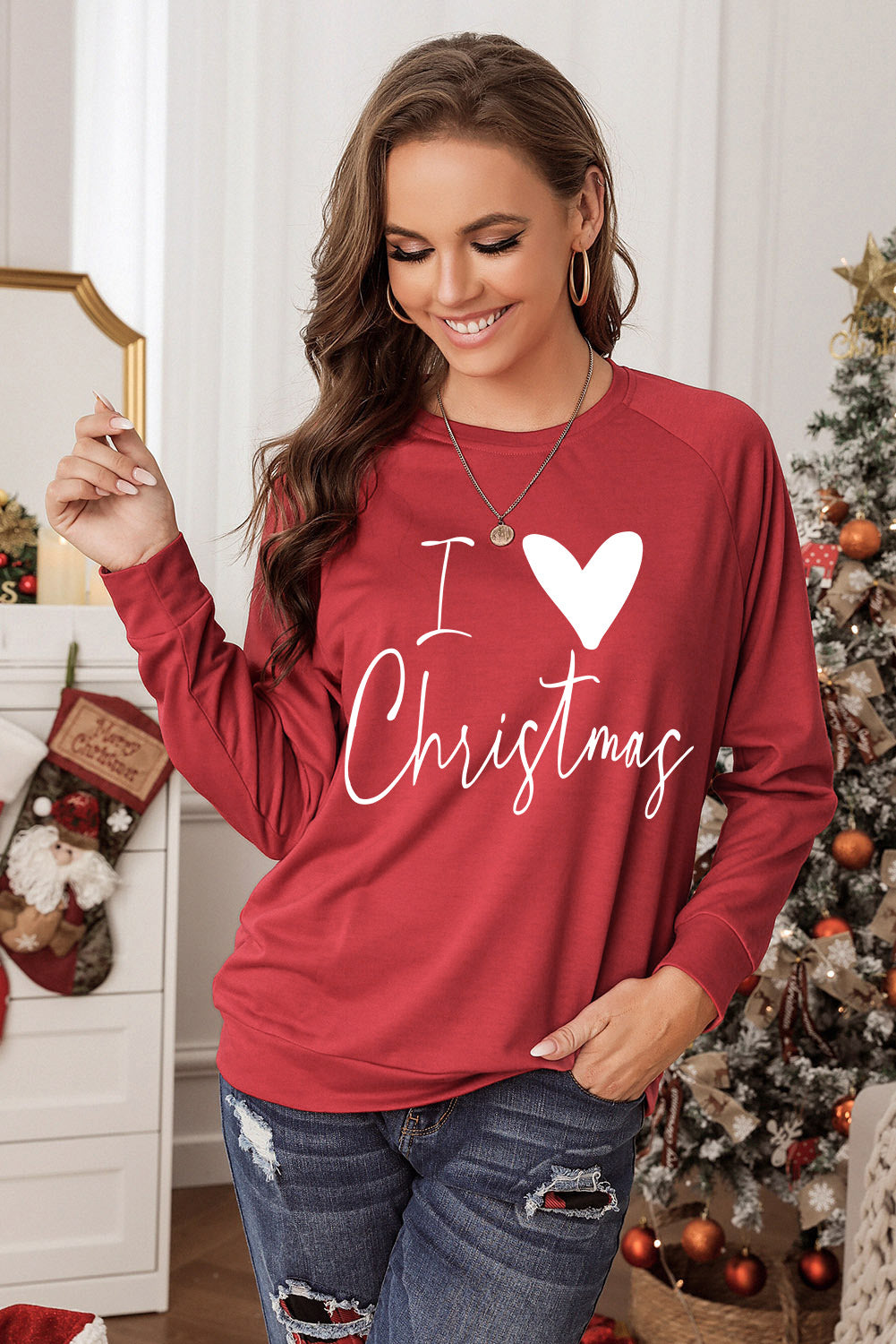 I Love Christmas Casual Raglan Sleeve Red Graphic Sweatshirt