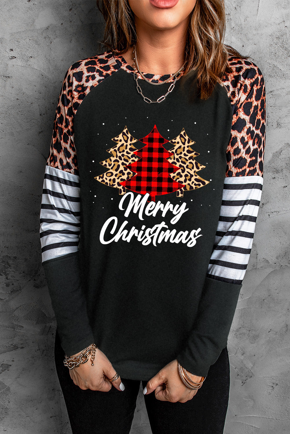 Merry Christmas Tree Leopard Striped Graphic Top