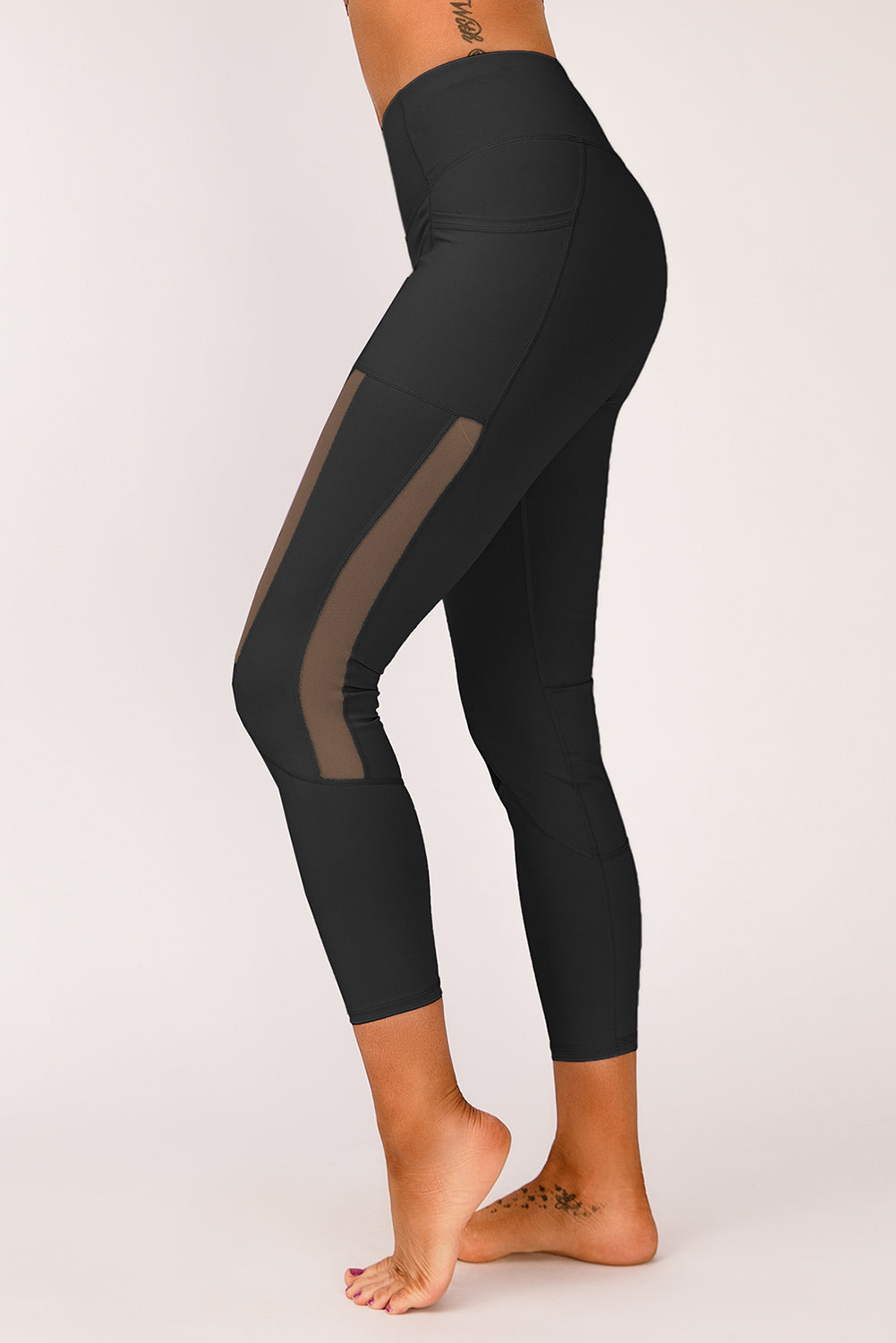 Mesh Side Splicing Phone Pocket High Waisted Leggings