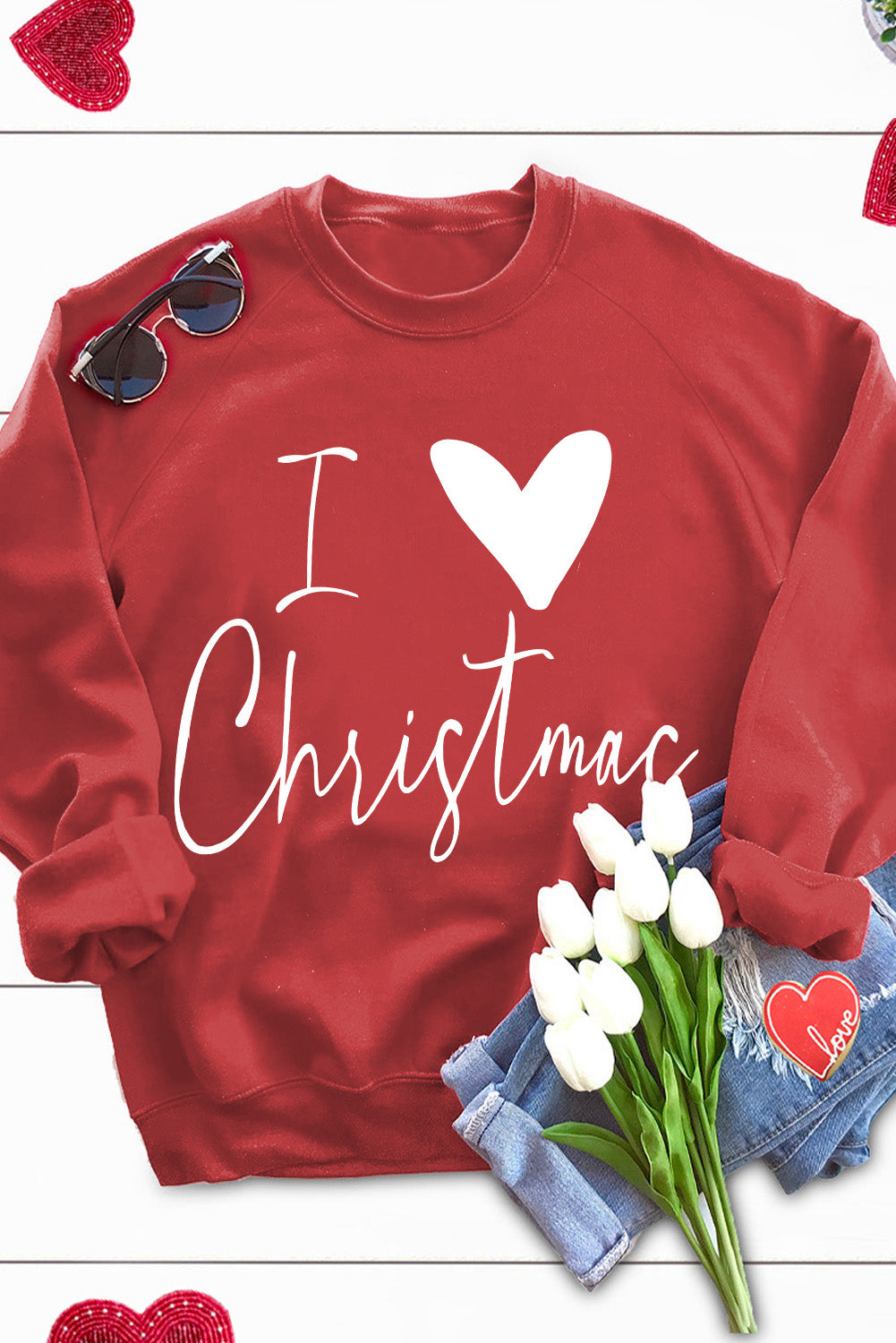 I Love Christmas Casual Raglan Sleeve Red Graphic Sweatshirt