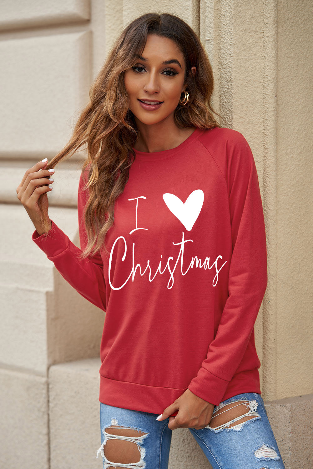 I Love Christmas Casual Raglan Sleeve Red Graphic Sweatshirt