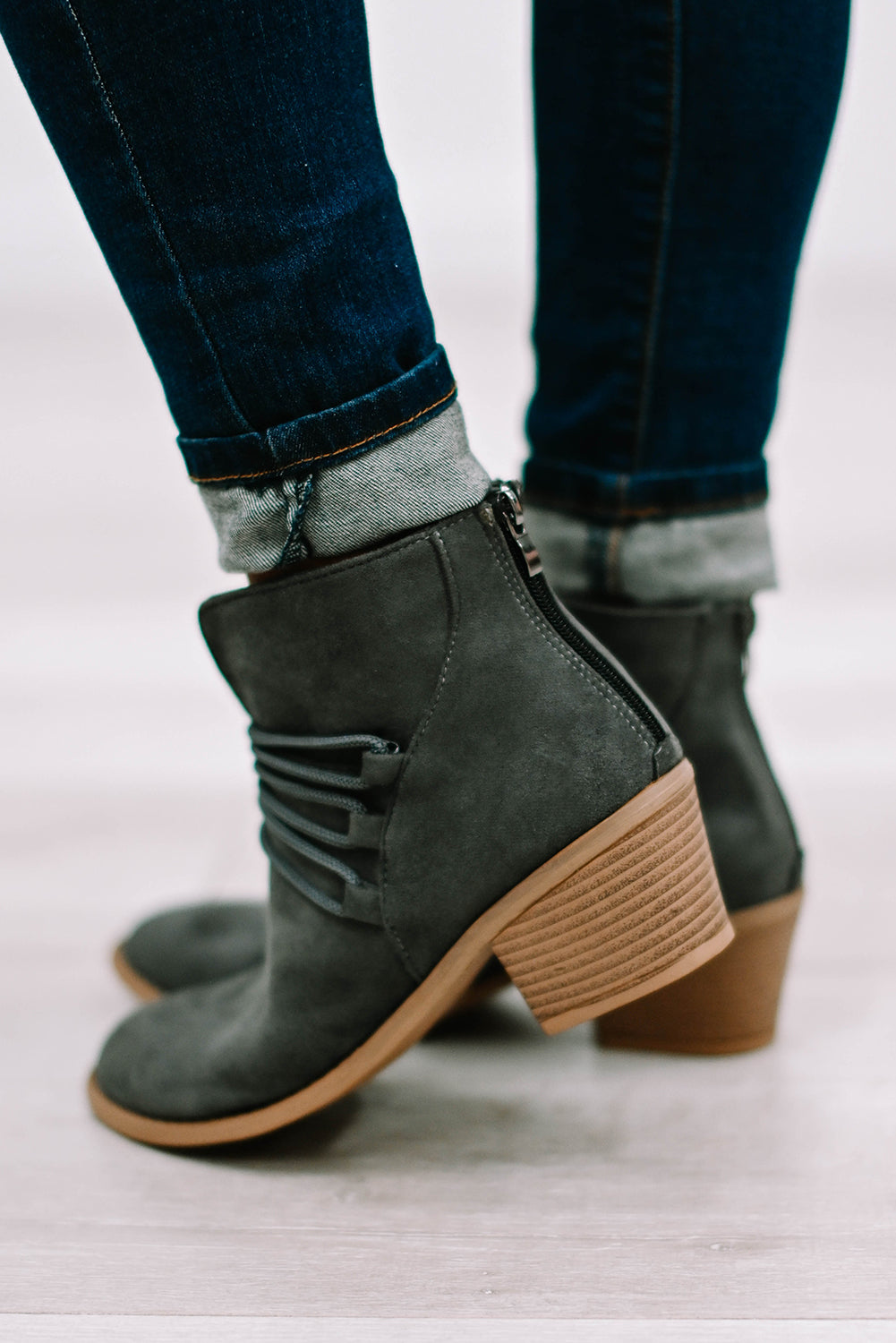 Grey Braided Straps Detail Zipped Boots