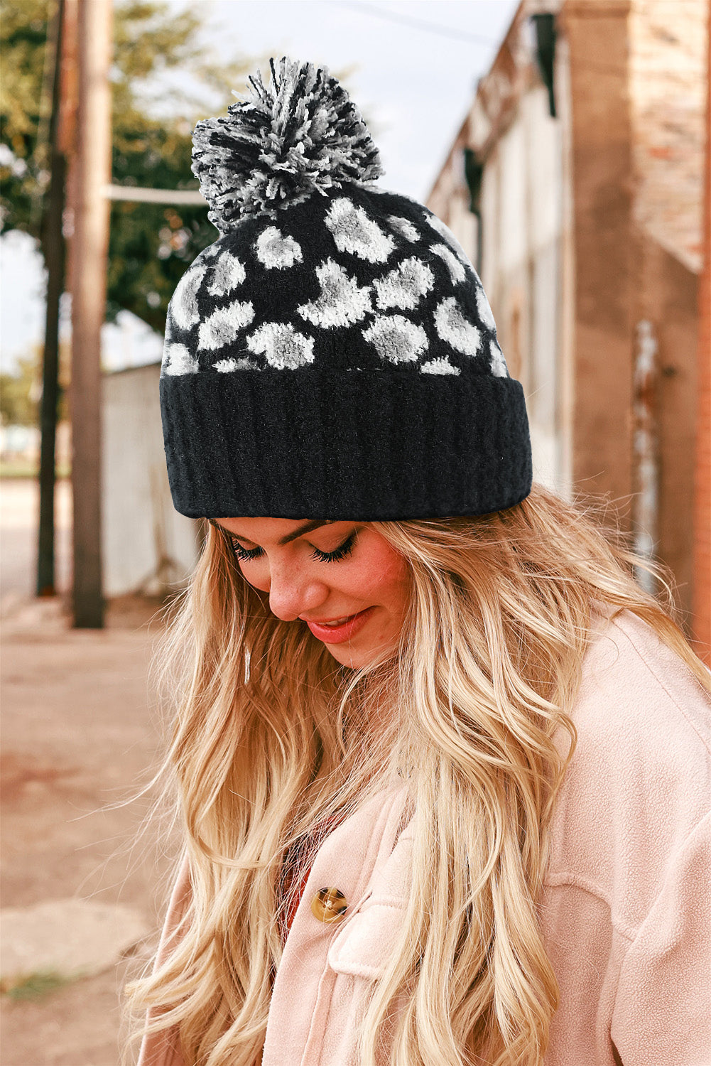 Leopard Print Pom Jacquard Plush Hat