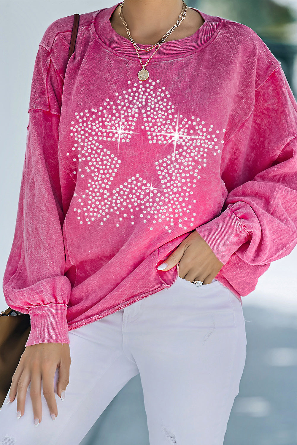 Rosy Rhinestone Star Washed Casual Graphic Sweatshirt