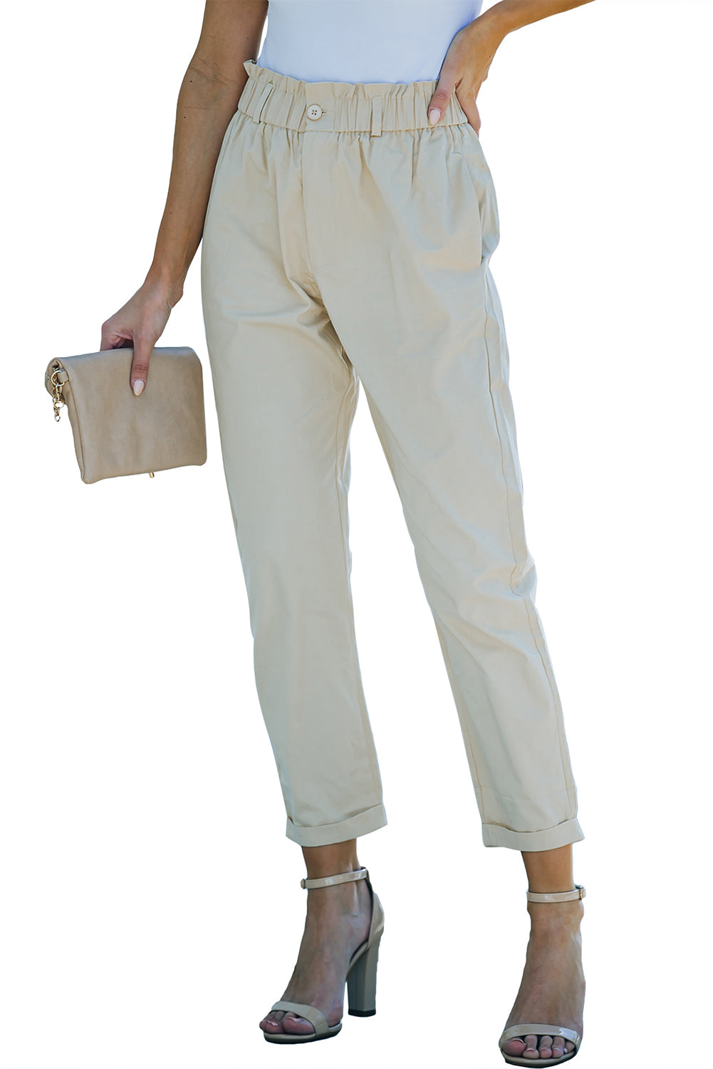 Beige Casual Frill Paper Bag Pocket High Rise Pants