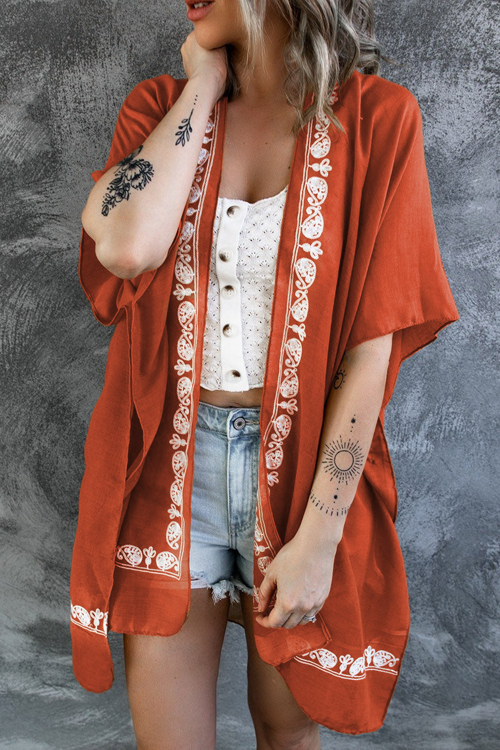 Bohemian Floral Pattern Embroidery Kimono Cover Up