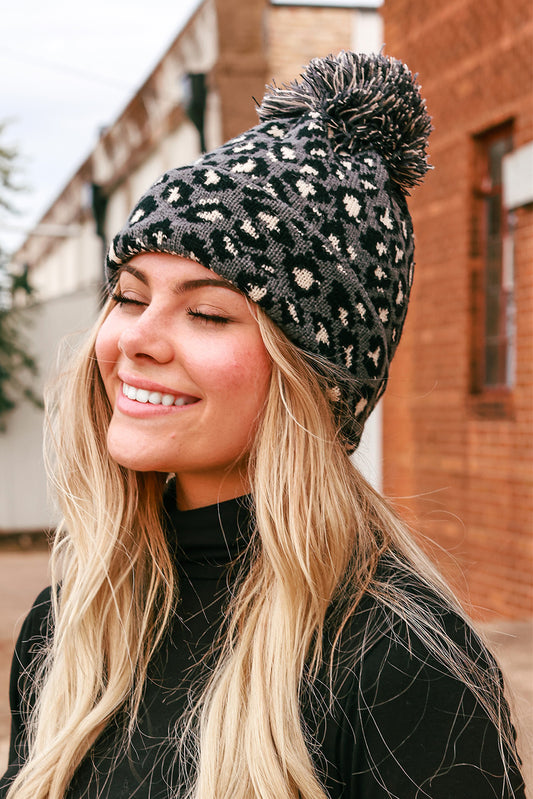 Leopard Pom Pom Casual Winter Knit Hat