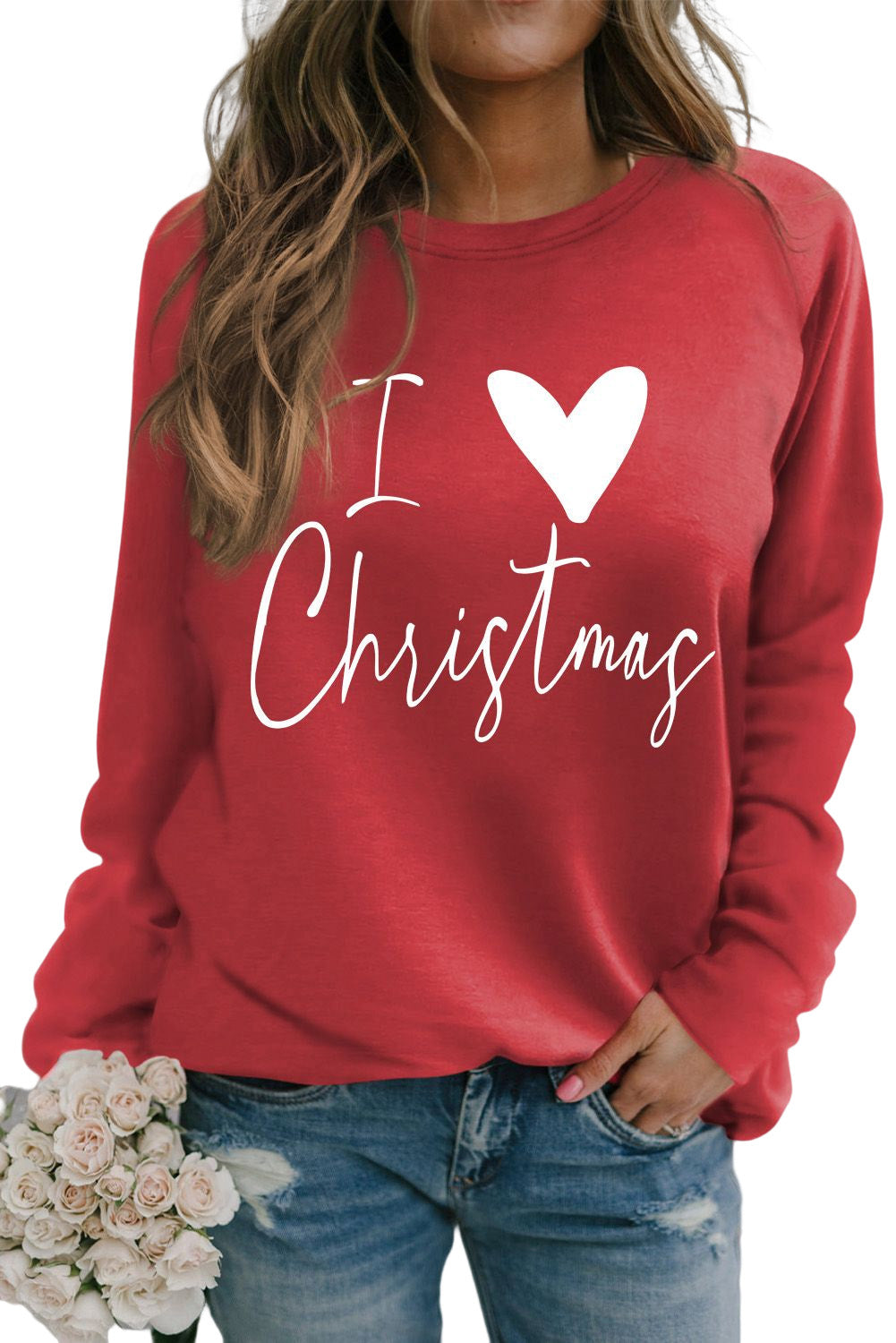 I Love Christmas Casual Raglan Sleeve Red Graphic Sweatshirt