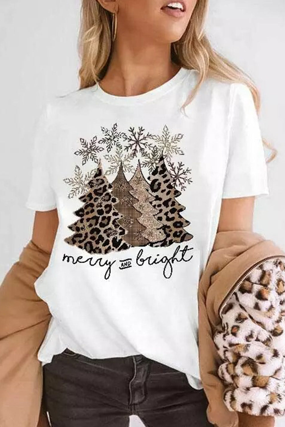 Leopard Christmas Tree Crew Neck Graphic T Shirt