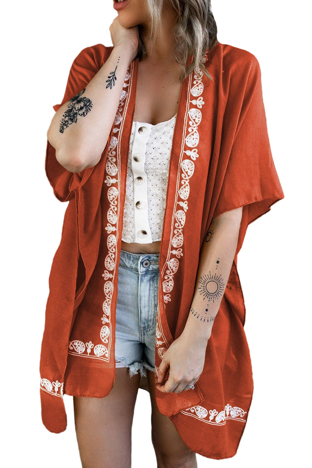 Bohemian Floral Pattern Embroidery Kimono Cover Up