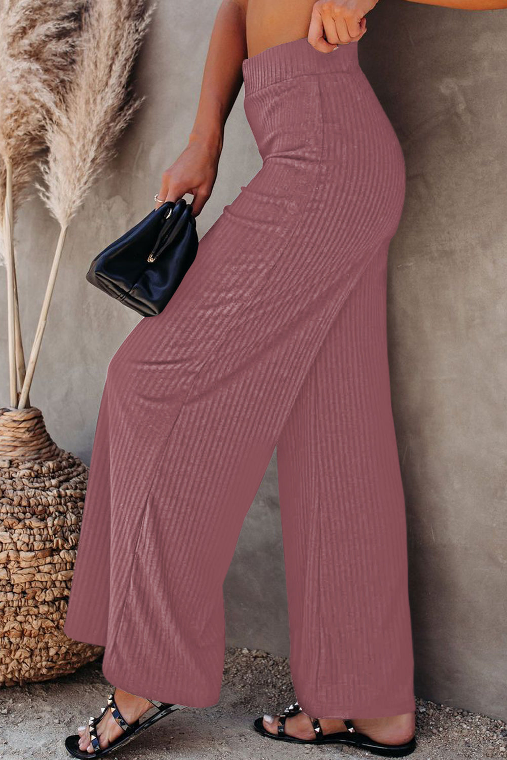 Casual Ribbed Knit High Rise Wide Leg Pants