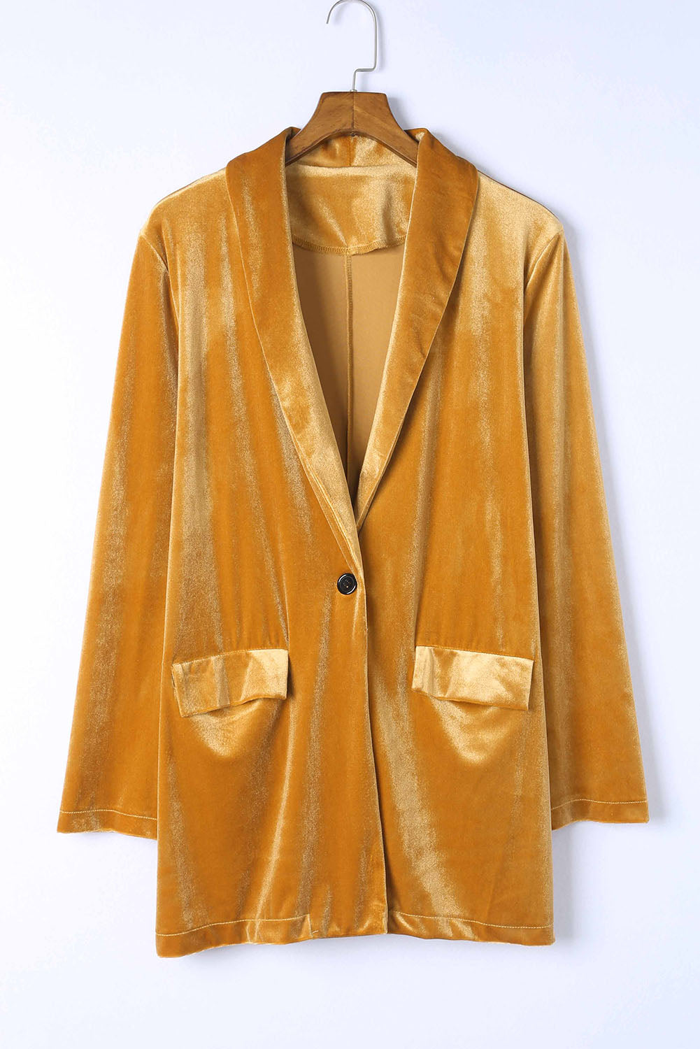 Yellow Cowl Neck Casual Pocket Velvet Blazer