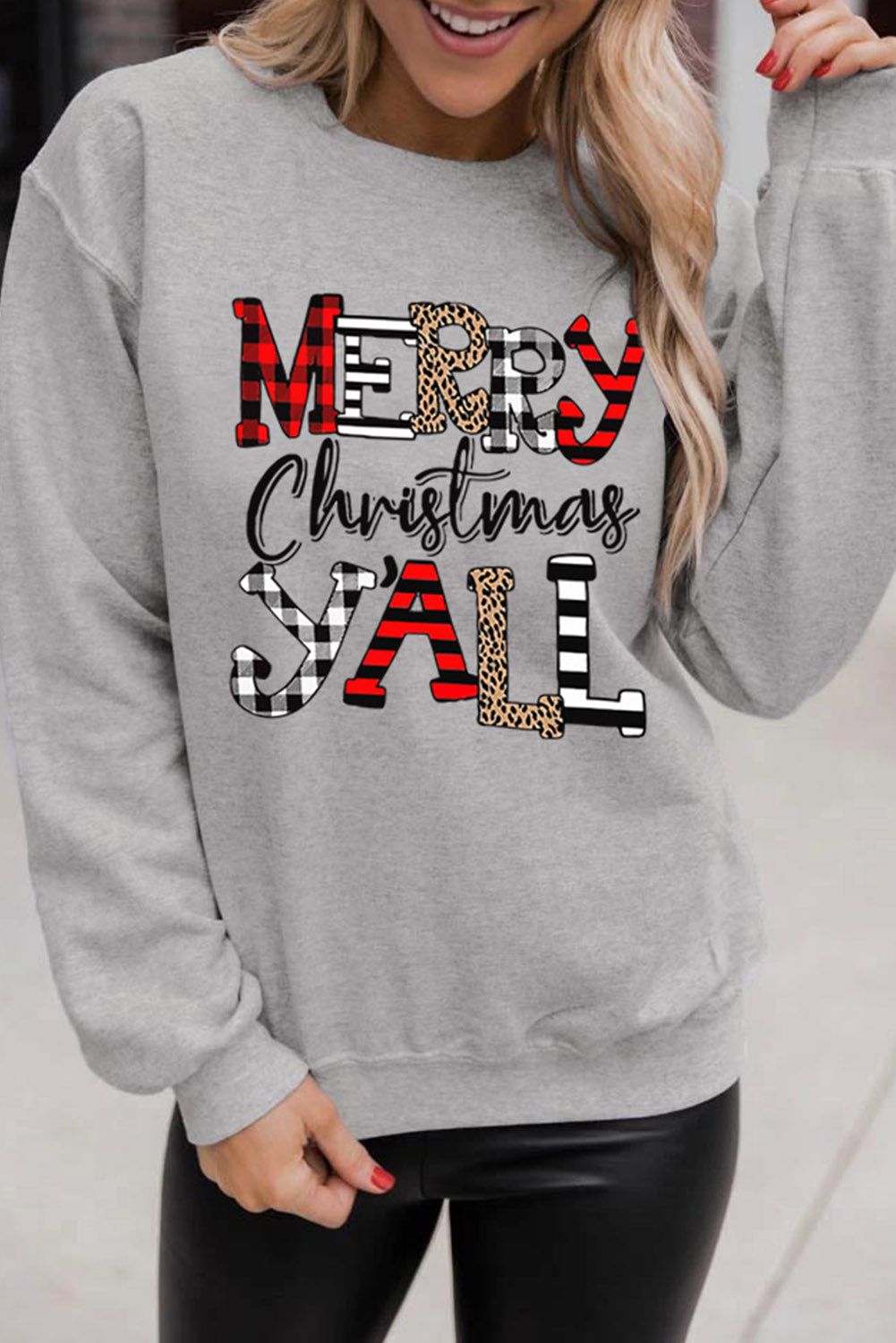 Grey Christmas Letter Print Graphic Long Sleeve Sweatshirt