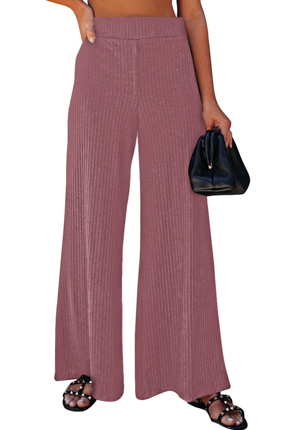 Casual Ribbed Knit High Rise Wide Leg Pants