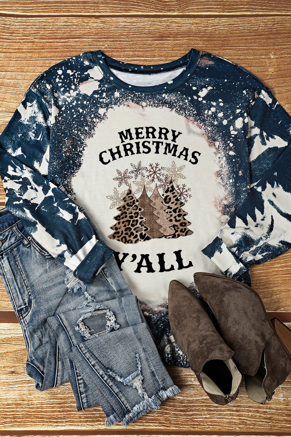 Multicolor Christmas Tree Tie Dye Graphic Long Sleeve Top