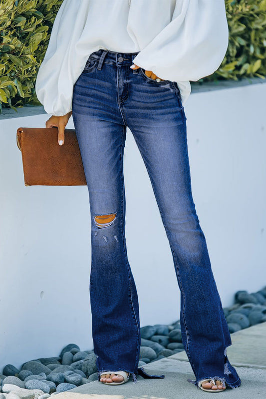 Light Blue Distressed High Rise Flare Jeans