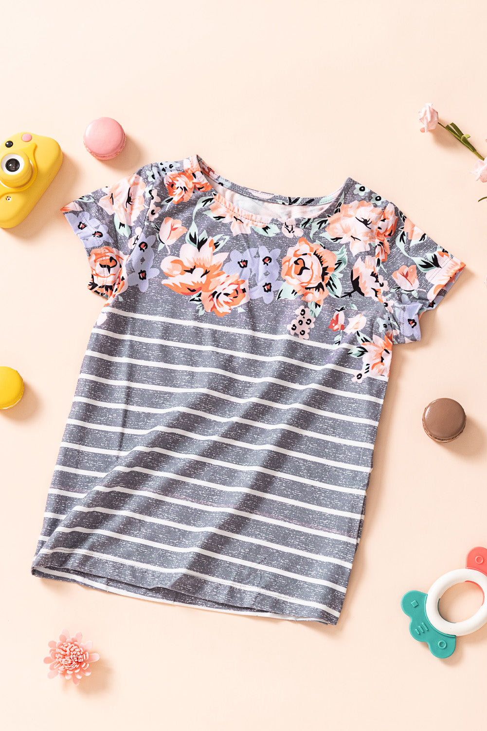 Casual Floral Striped Print Round Neck Tee For Kids