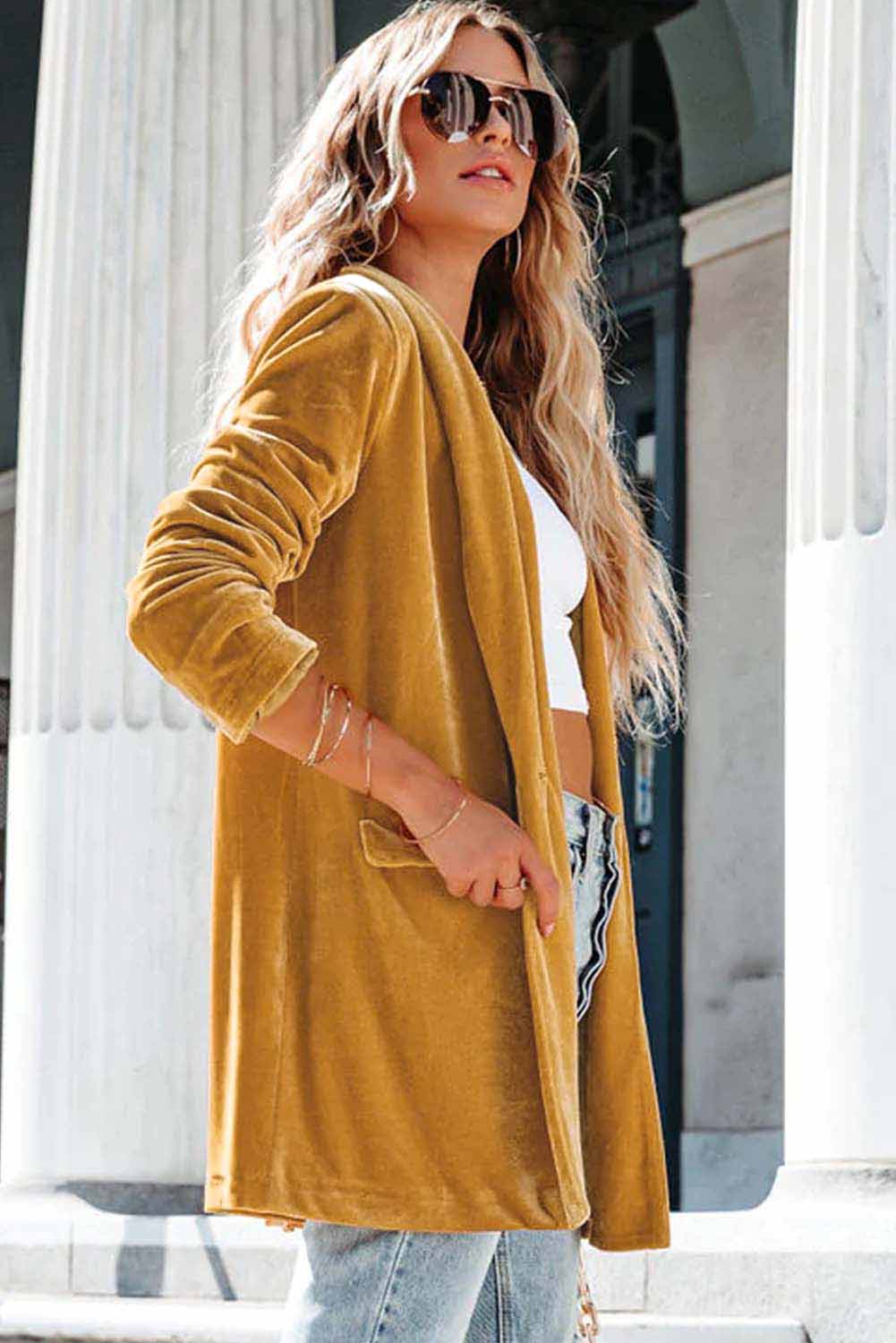 Yellow Cowl Neck Casual Pocket Velvet Blazer