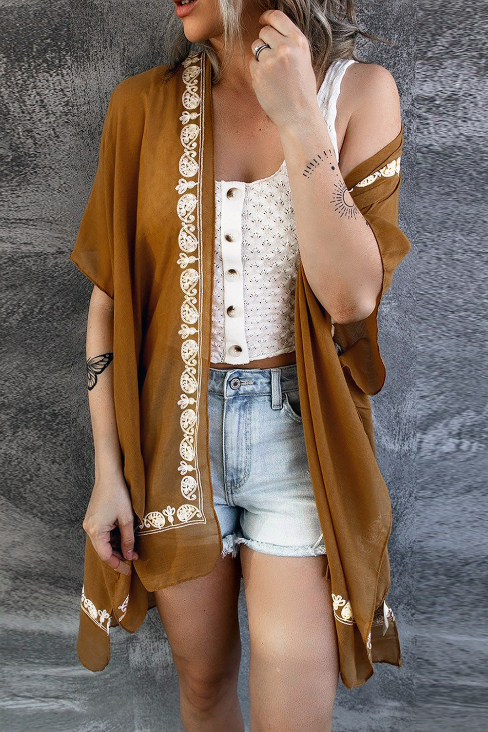 Bohemian Floral Pattern Embroidery Kimono Cover Up