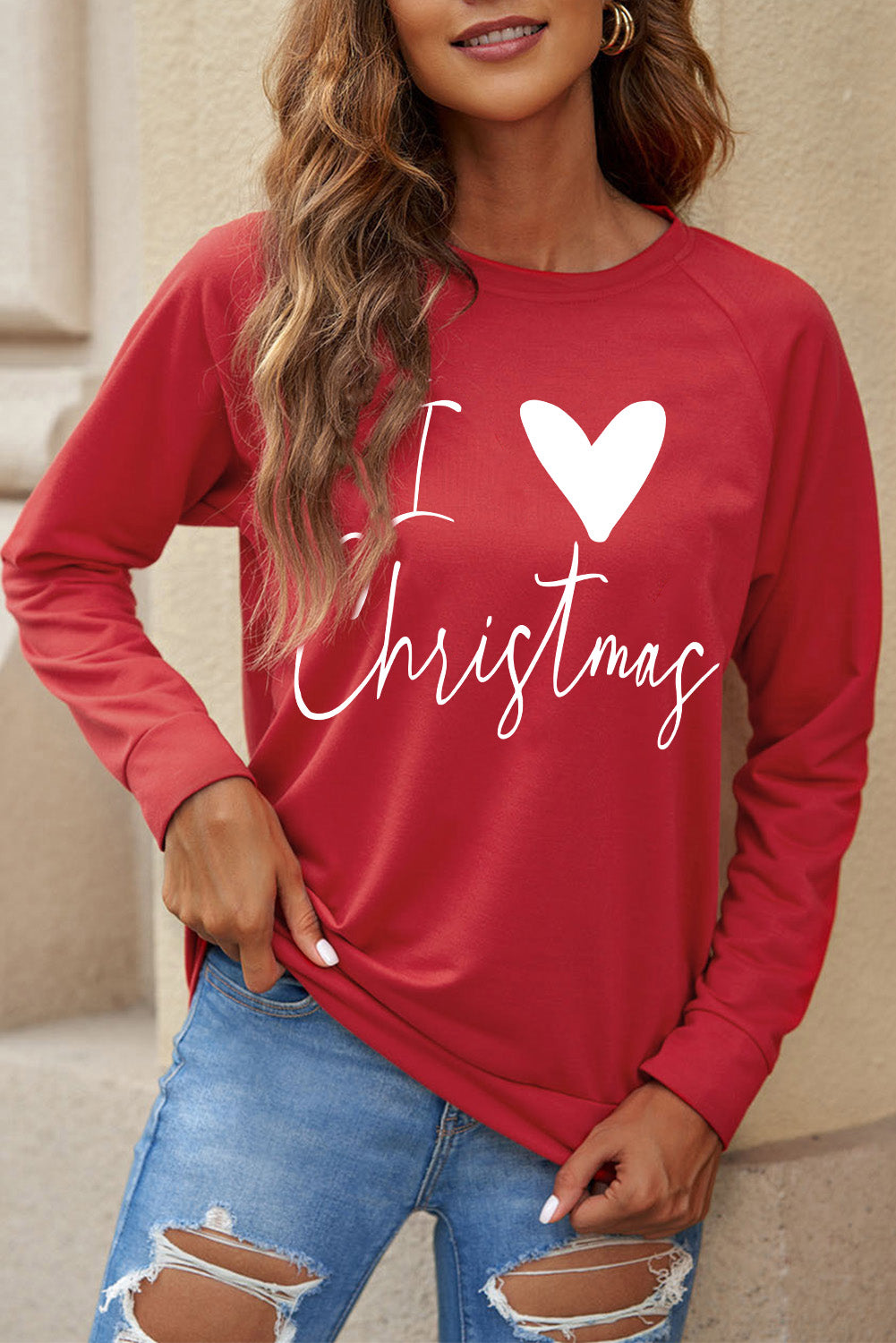 I Love Christmas Casual Raglan Sleeve Red Graphic Sweatshirt