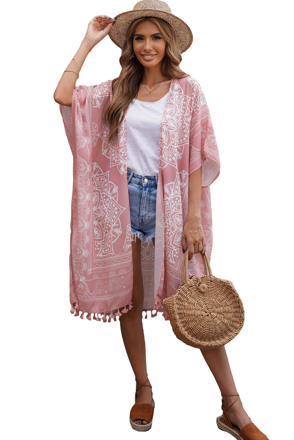 Tassel Bohemian Print Kimono Cover Up