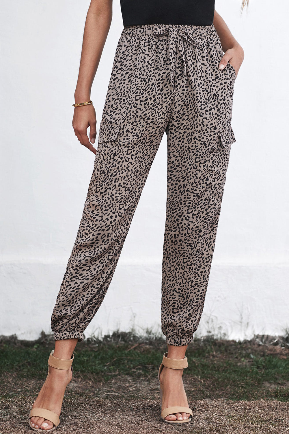 Grey Chic Leopard Print Elastic Waist Drawstring Joggers