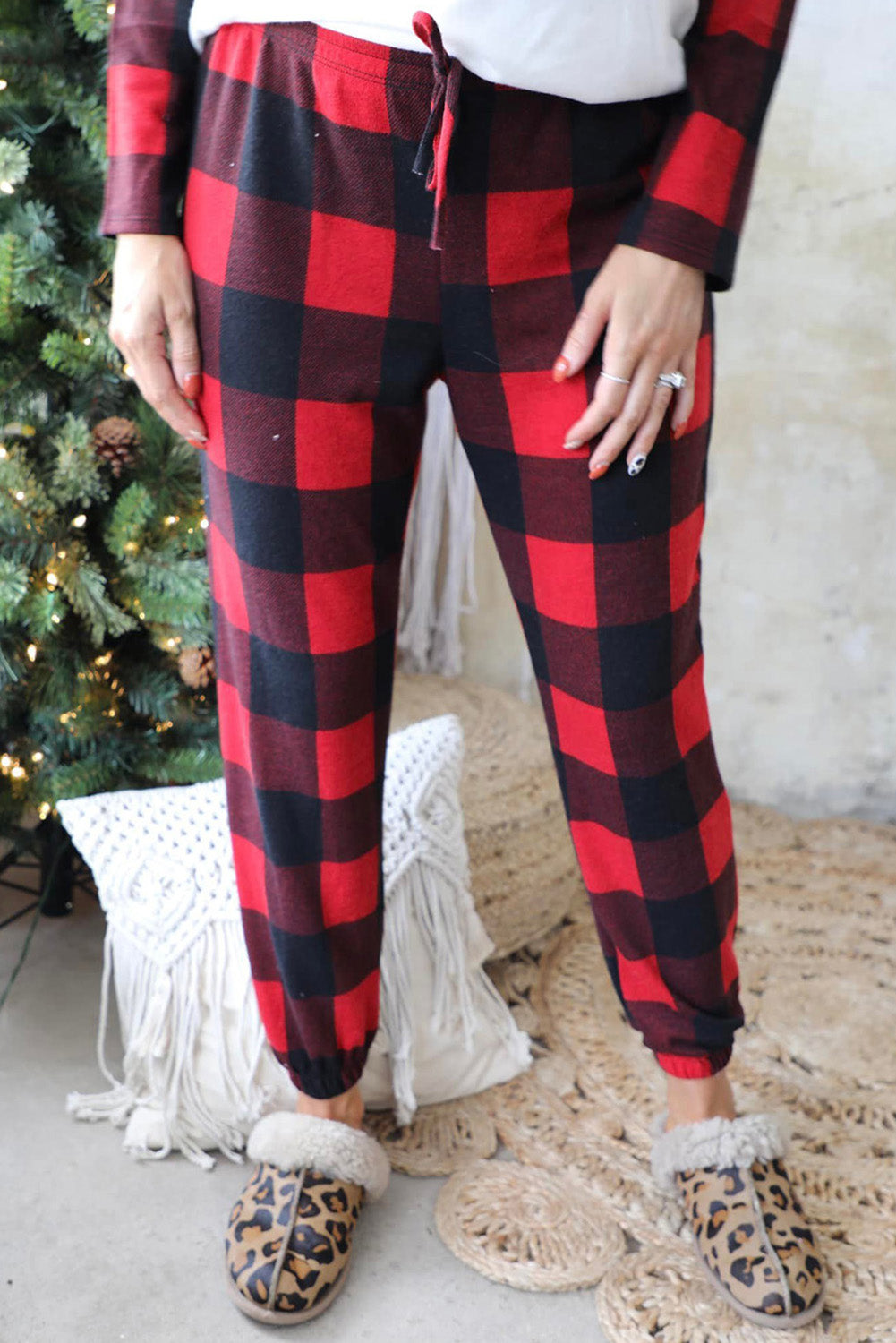 Christmas Plaid Raglan Sleeve Top & Drawstring Pants Pajamas Set