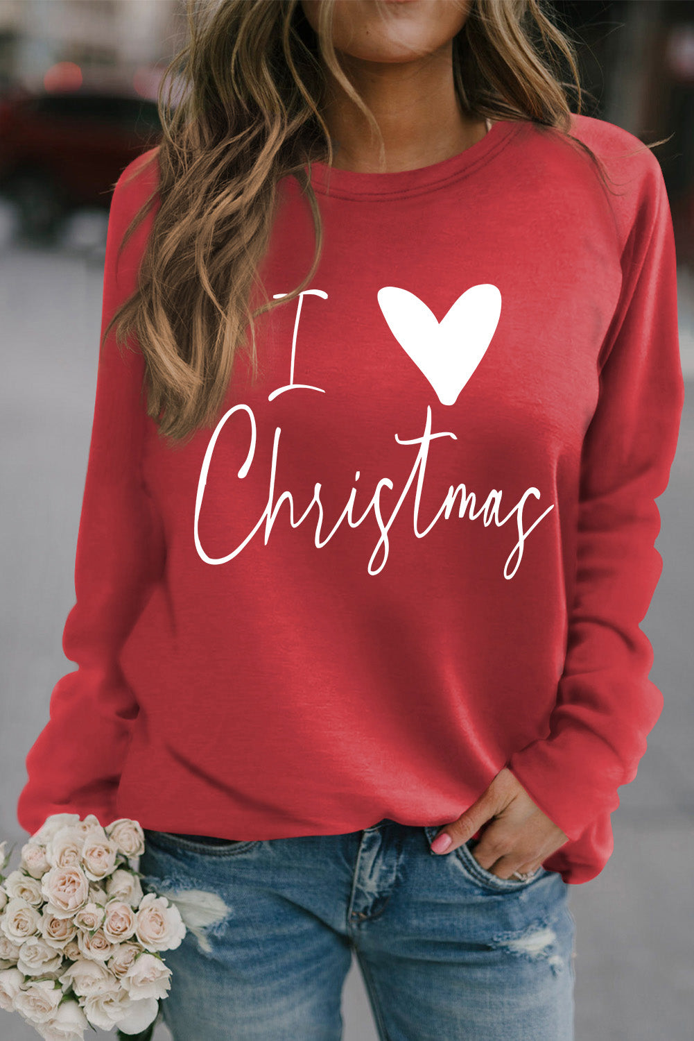 I Love Christmas Casual Raglan Sleeve Red Graphic Sweatshirt