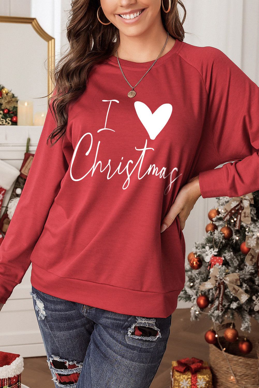 I Love Christmas Casual Raglan Sleeve Red Graphic Sweatshirt