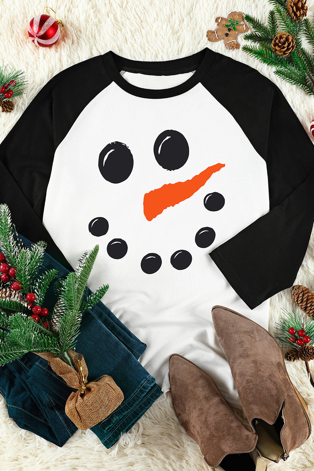 and White Color Block Long Sleeve Christmas T Shirt