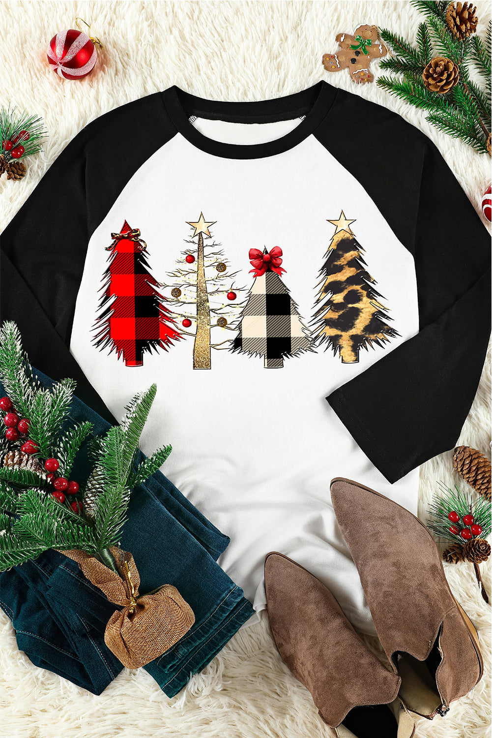 and White Color Block Long Sleeve Christmas T Shirt