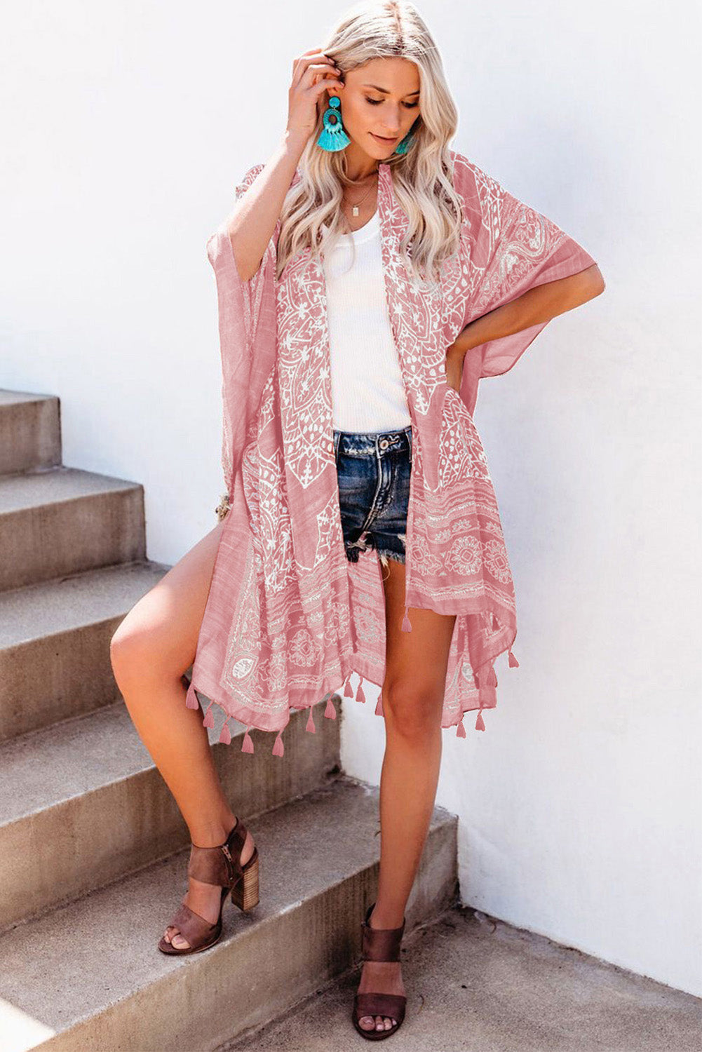 Tassel Bohemian Print Kimono Cover Up