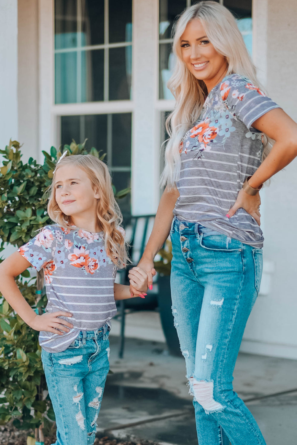 Casual Floral Striped Print Round Neck Tee For Kids