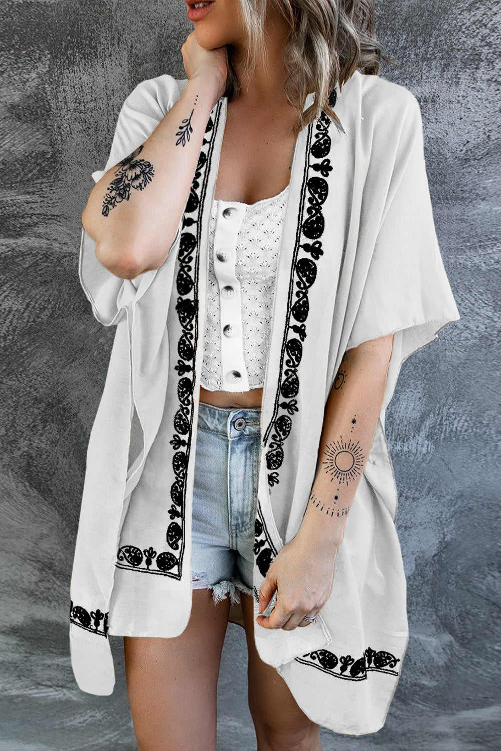 Bohemian Floral Pattern Embroidery Kimono Cover Up