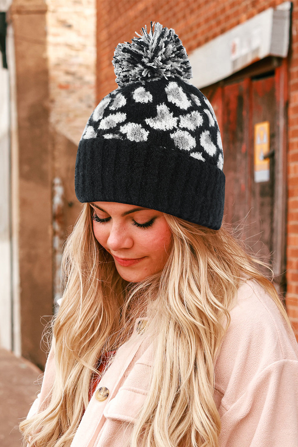 Leopard Print Pom Jacquard Plush Hat