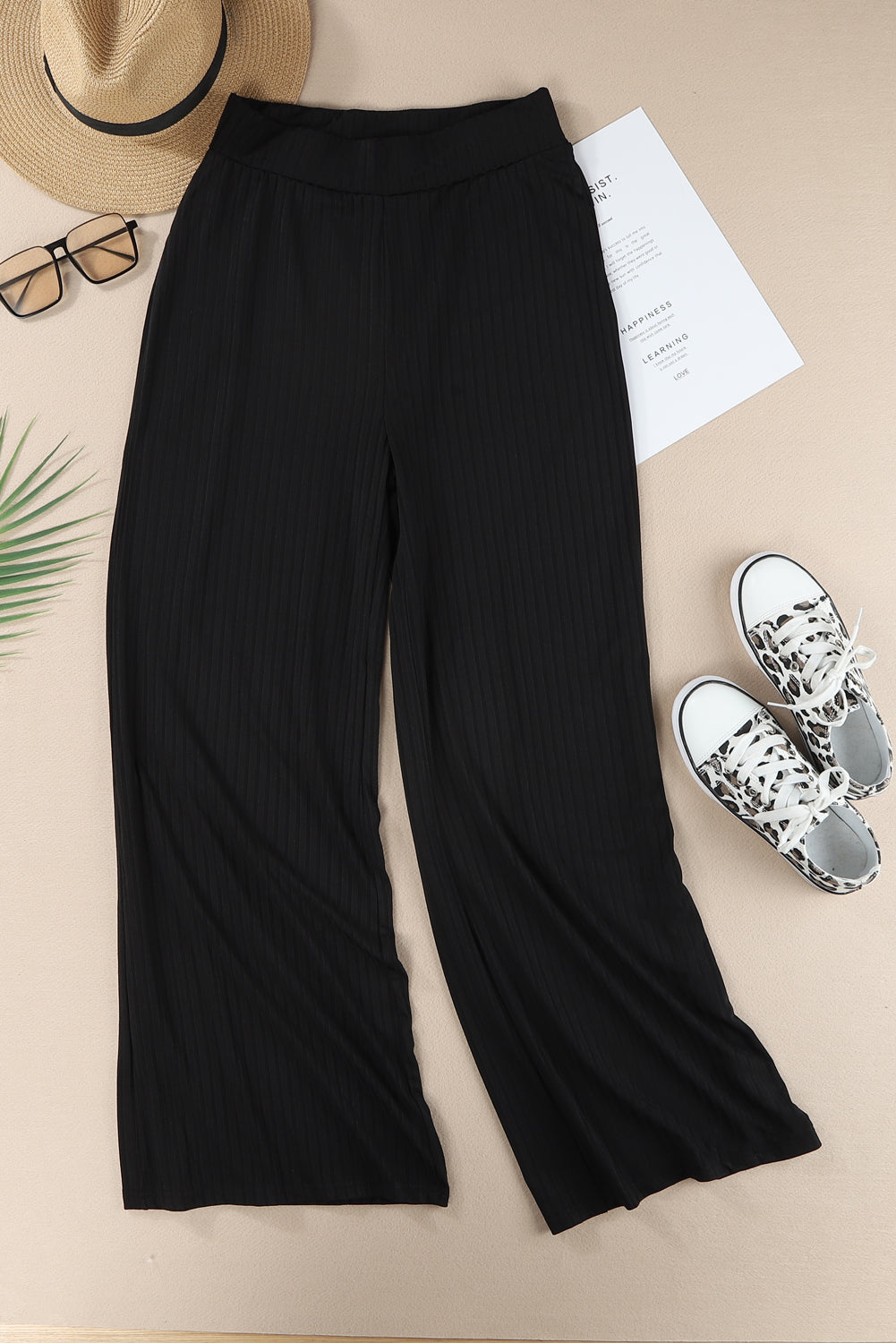 Casual Ribbed Knit High Rise Wide Leg Pants