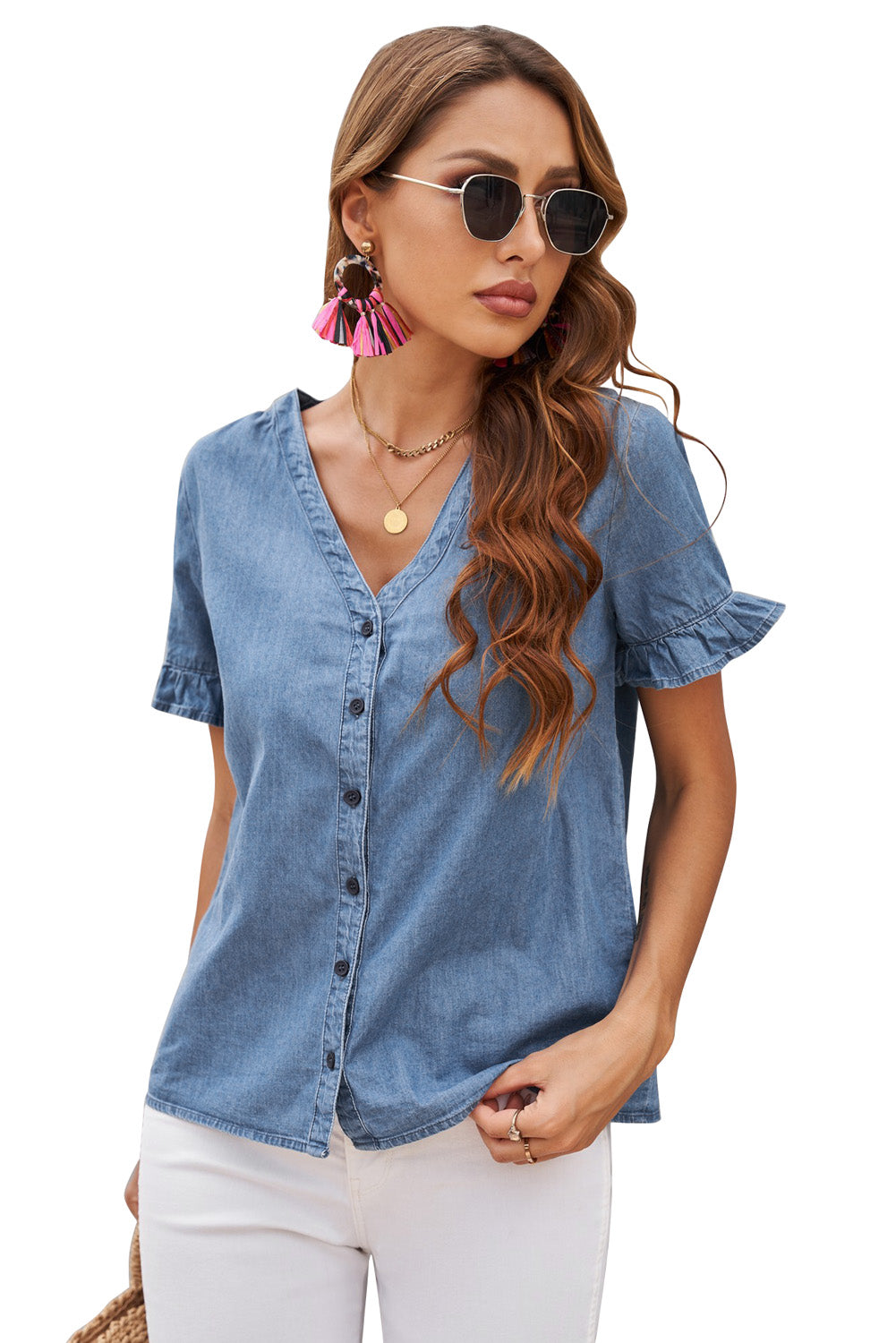 Denim Blue Ruffle Short Sleeve Shirt Mommy & Me Outfit