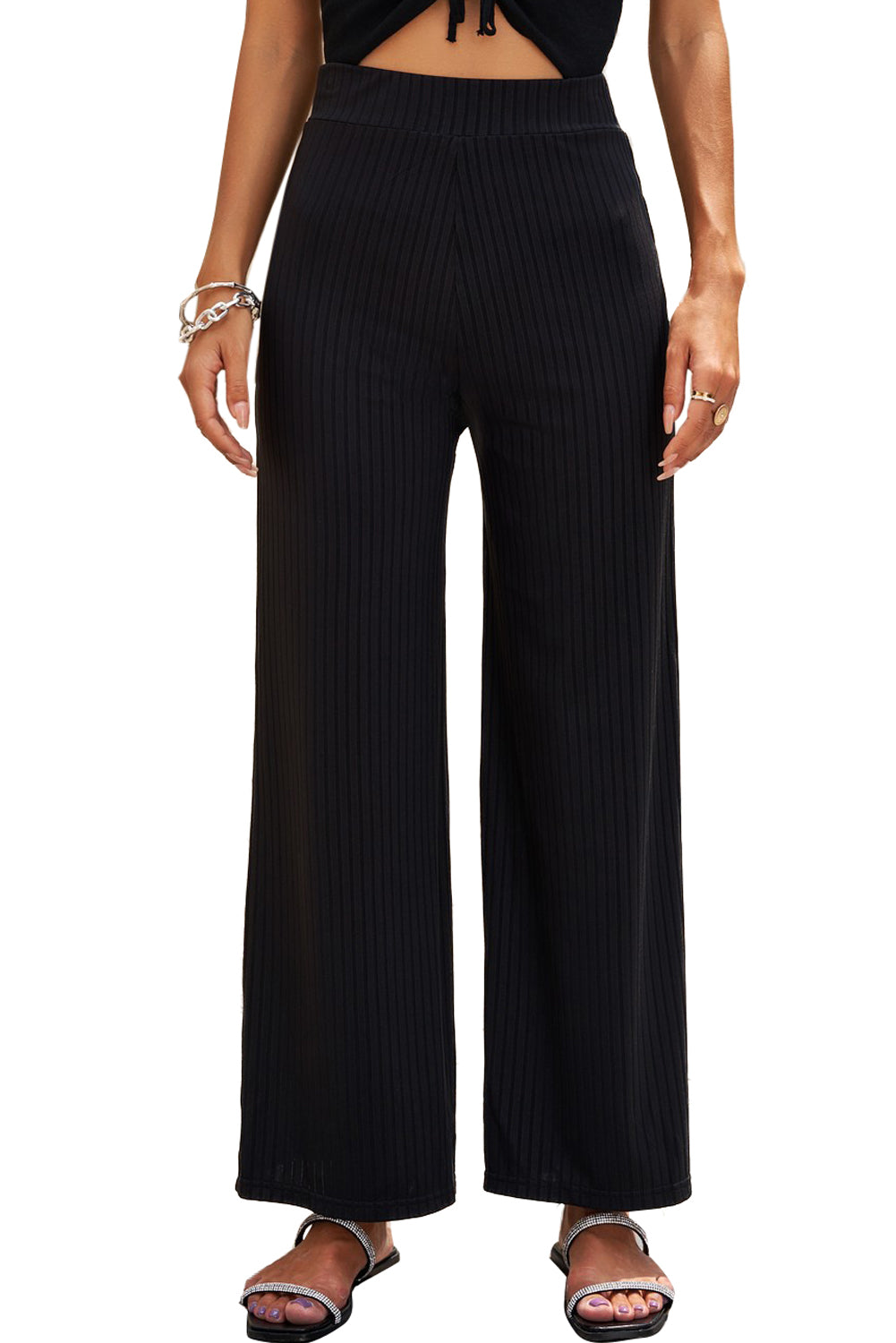 Casual Ribbed Knit High Rise Wide Leg Pants