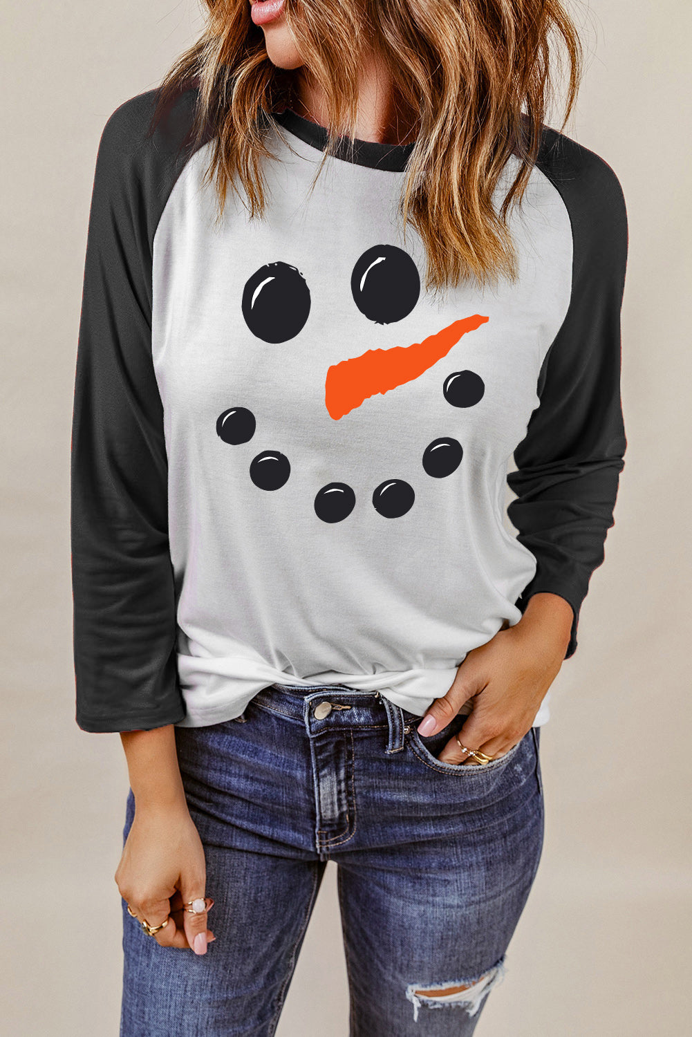 and White Color Block Long Sleeve Christmas T Shirt