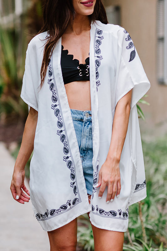 Bohemian Floral Pattern Embroidery Kimono Cover Up