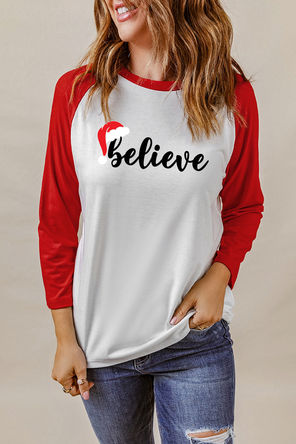 and White Color Block Long Sleeve Christmas T Shirt