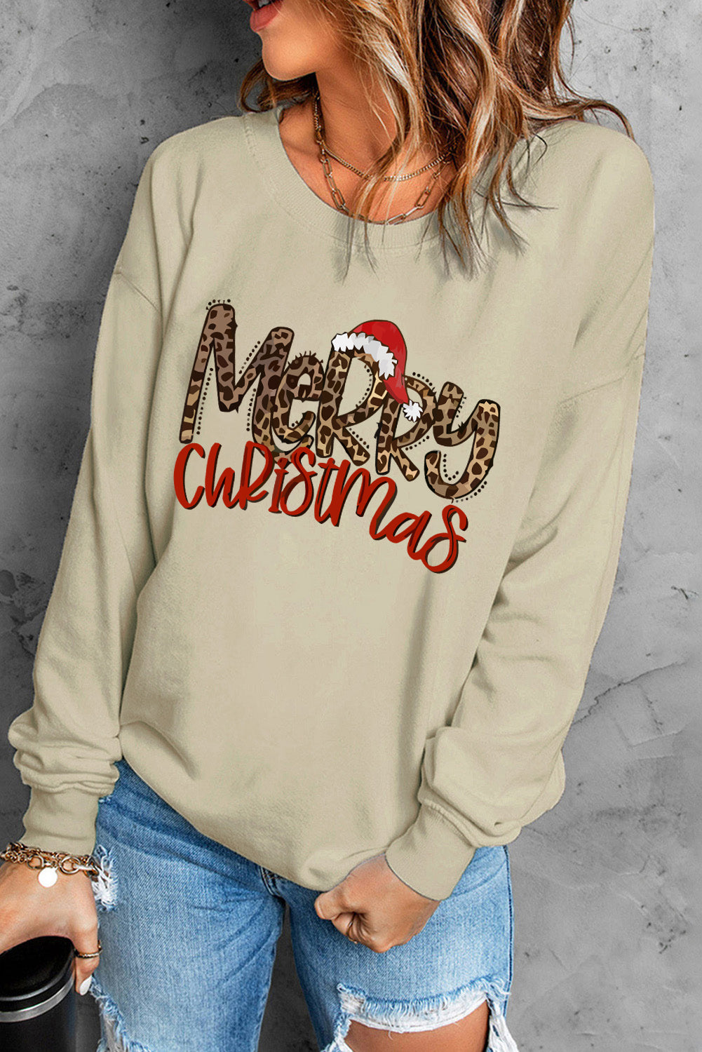 Khaki Merry Christmas Leopard Letter Print Graphic Sweatshirt